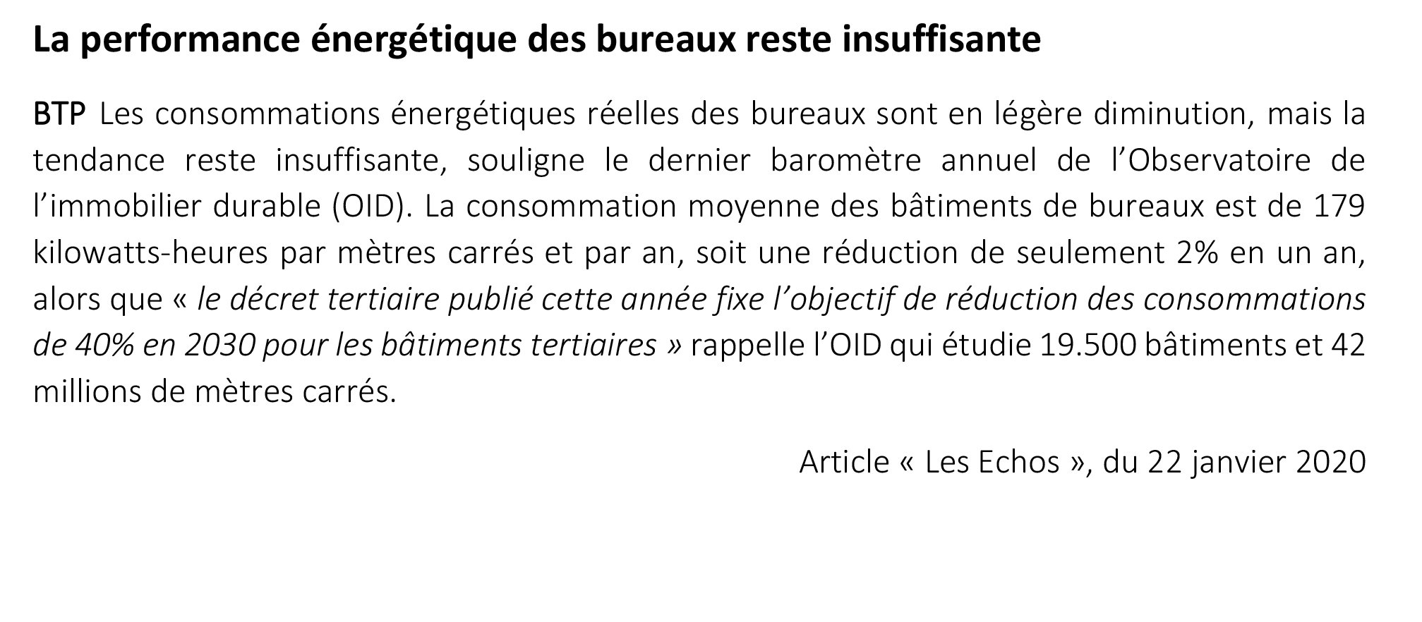 ARTICLE LES ECHOS : La performance énergétique des bureaux reste insuffisante