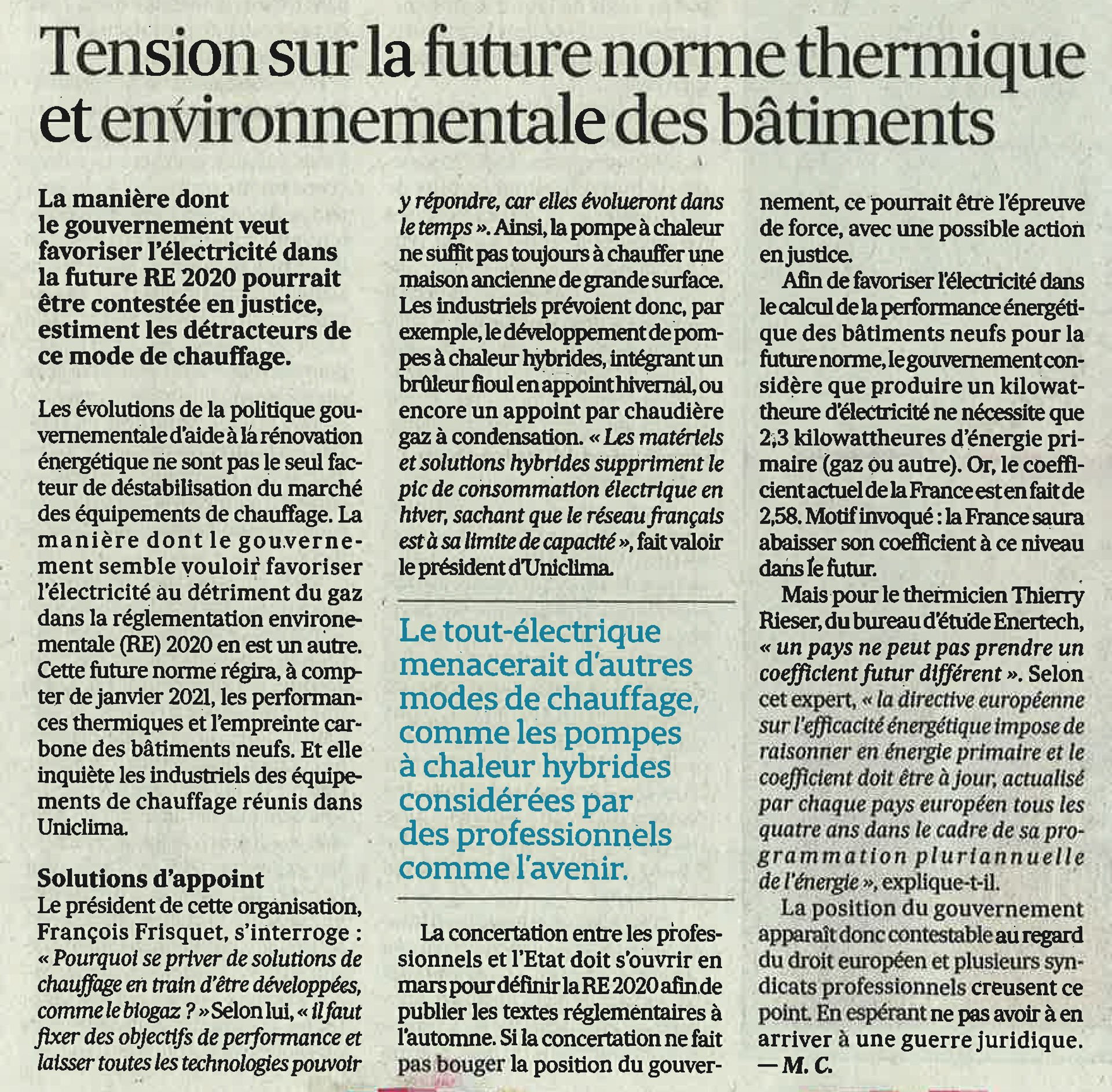 ARTICLES LES ECHOS : Le chauffage & la future norme thermique et environnementale des bâtiments